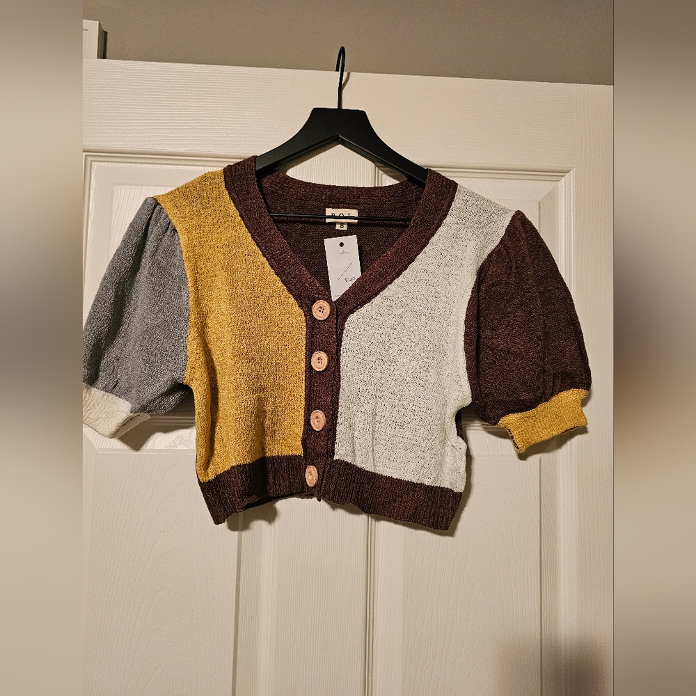 POL Brown and Yellow Color Block Cropped Cardigan Sweater